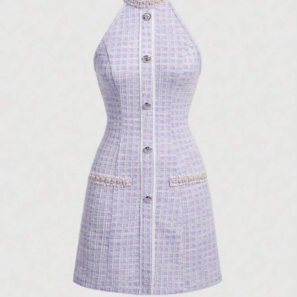 SHEIN Lilac Tweed Halter Mini Dress with Pearl Trim